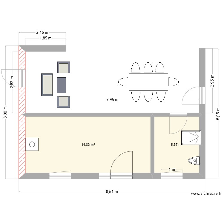 poolhouse. Plan de 2 pièces et 20 m2