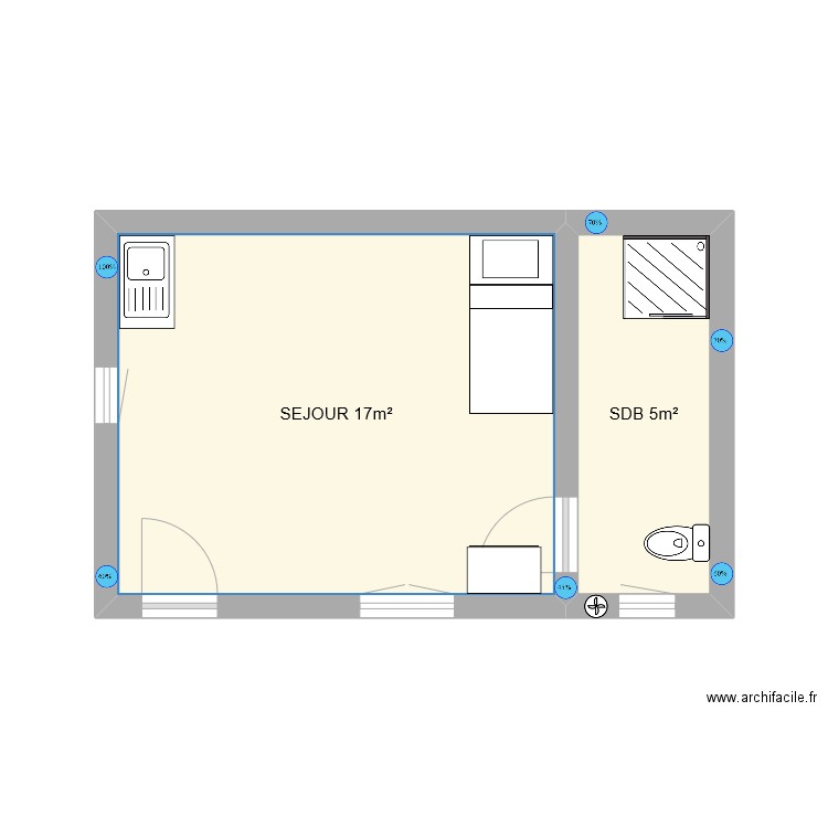 210 sueur. Plan de 2 pièces et 23 m2