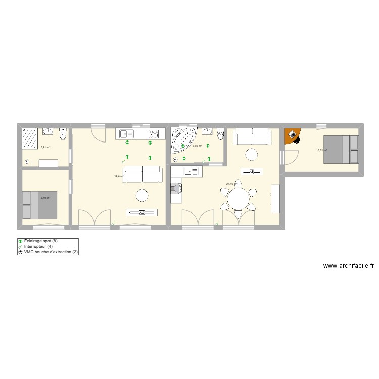 kjn. Plan de 9 pièces et 122 m2