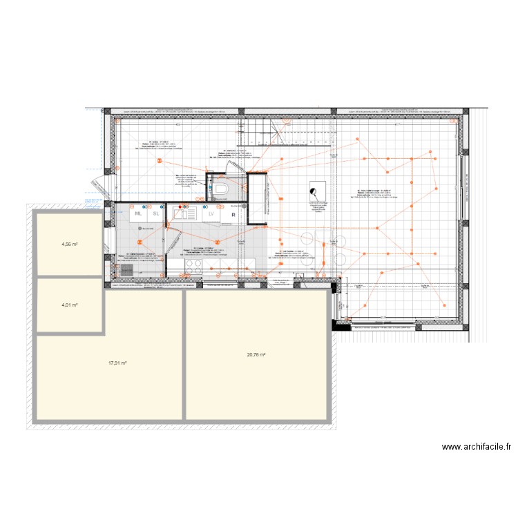 Projet extensio enveloppe composition pièces. Plan de 4 pièces et 47 m2