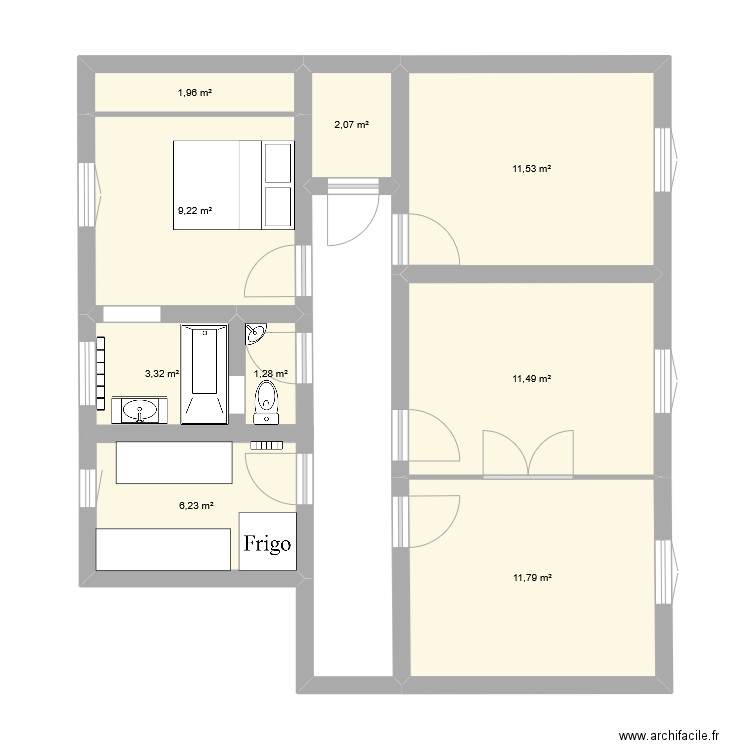 apart. Plan de 9 pièces et 59 m2