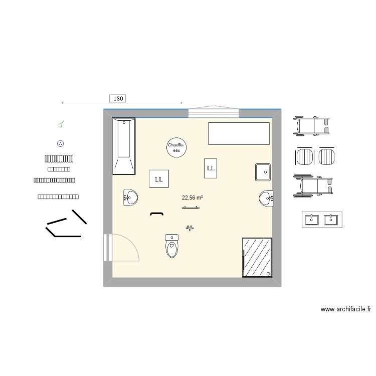 modèle salle de bain. Plan de 1 pièce et 23 m2