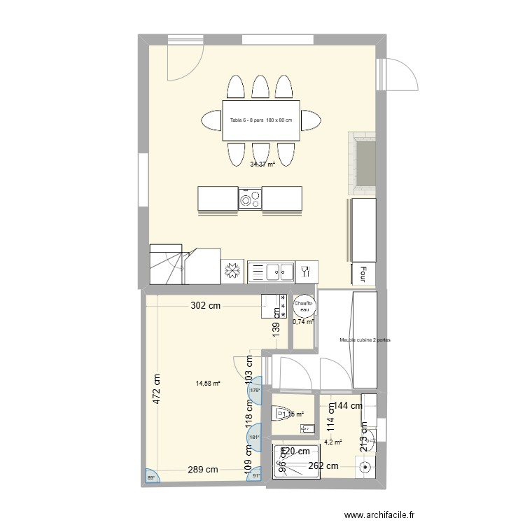 cuisine sdb arrière cuisine bis. Plan de 5 pièces et 55 m2