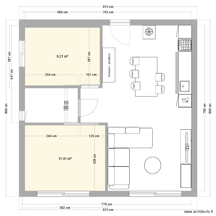 MAISON GARRAGE CUISINE. Plan de 2 pièces et 21 m2