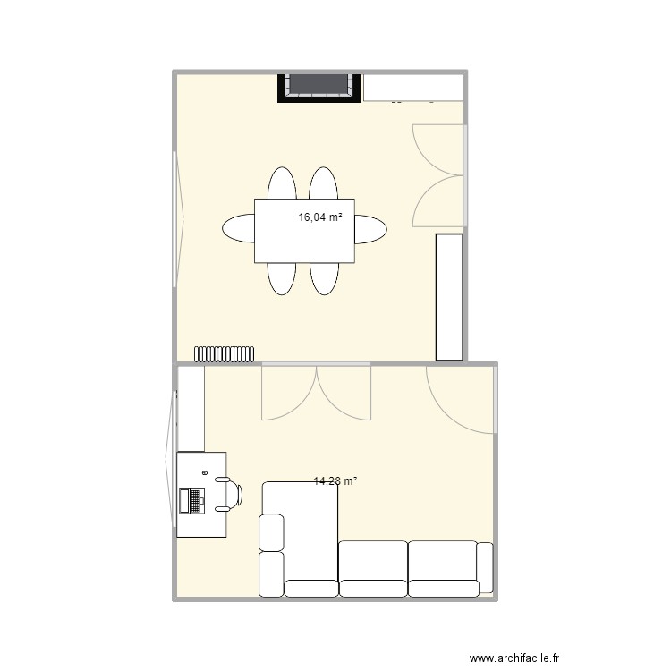 salon et salle à manger. Plan de 2 pièces et 30 m2