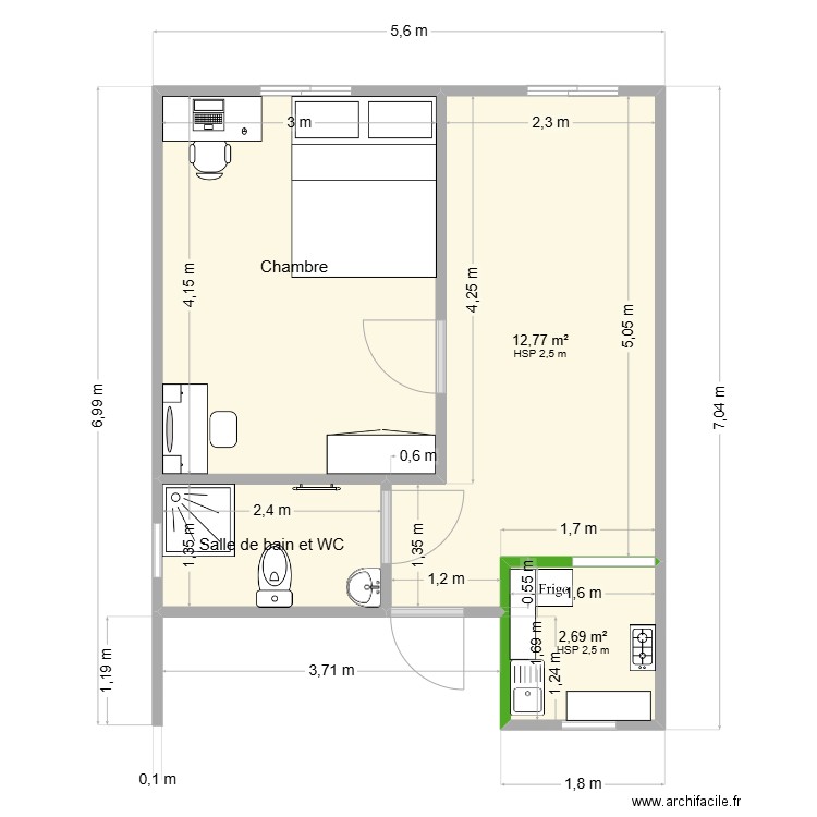 studio 1Chambre salon douche terrasse. Plan de 4 pièces et 31 m2