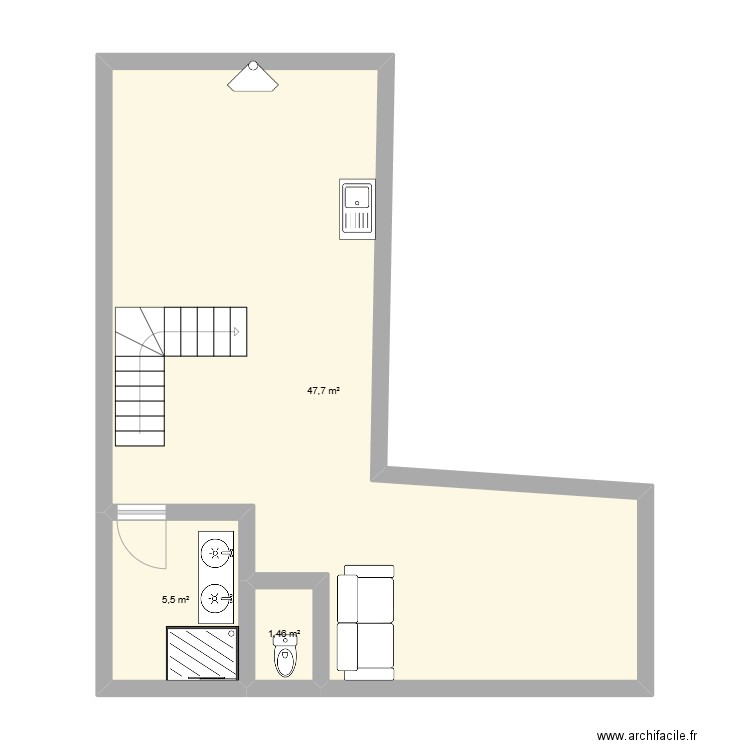 MAISON PENCHEE. Plan de 3 pièces et 55 m2