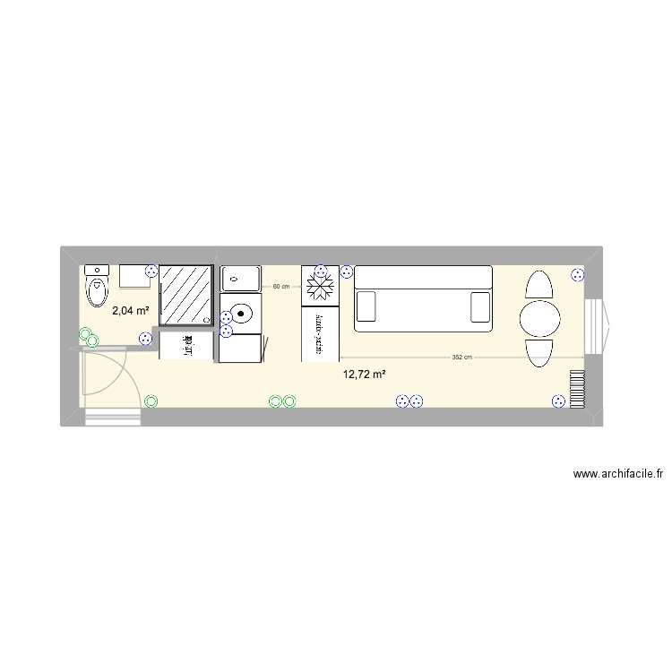 foch chambre 62 V4. Plan de 2 pièces et 15 m2