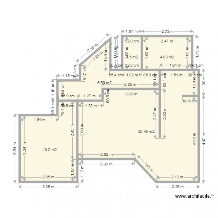 Françoise T2 Cuisine + Salon + Chambre+ Couloir+wWC+S deB. Plan de 5 pièces et 48 m2