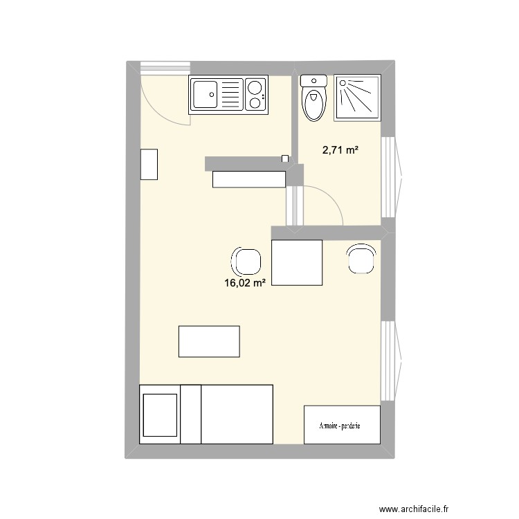 studio 20m2 kotto. Plan de 2 pièces et 19 m2