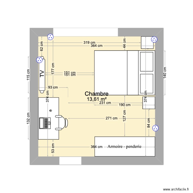 Studio Pièce de vie V1. Plan de 1 pièce et 14 m2