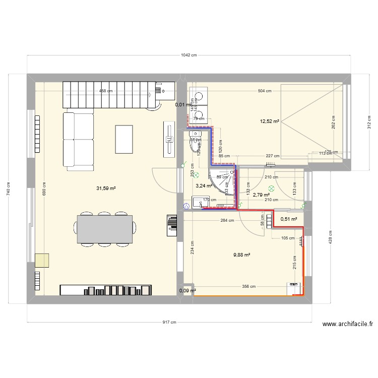 plan maison 2ème SDB. Plan de 8 pièces et 61 m2