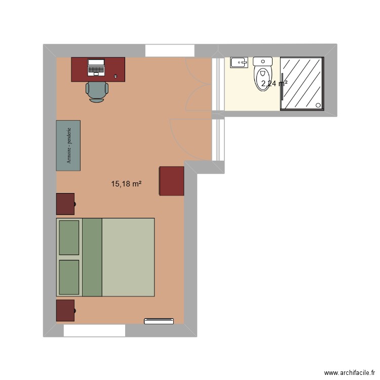 chambre 3. Plan de 2 pièces et 17 m2