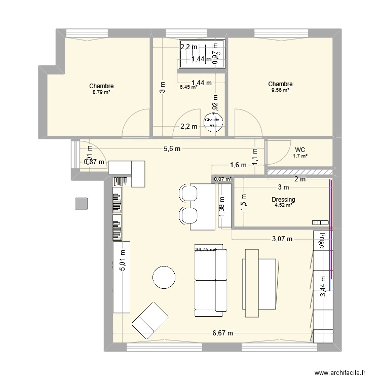 Plan V3 ju. Plan de 8 pièces et 66 m2