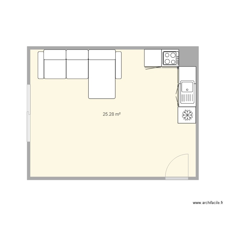 Salon cuisine Gif. Plan de 2 pièces et 26 m2