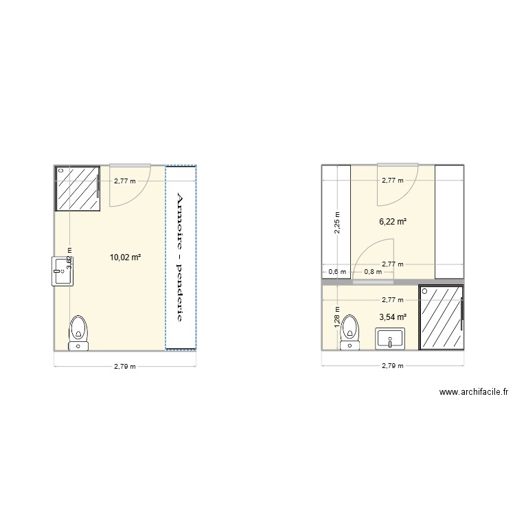 SDB Actuelle et future. Plan de 3 pièces et 20 m2