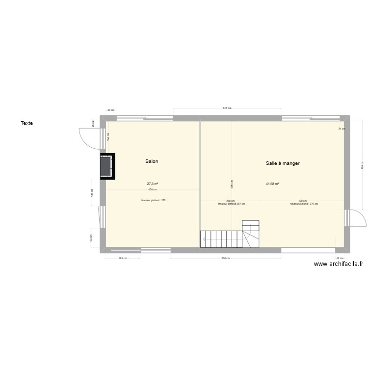 Salon / salle à manger. Plan de 2 pièces et 69 m2