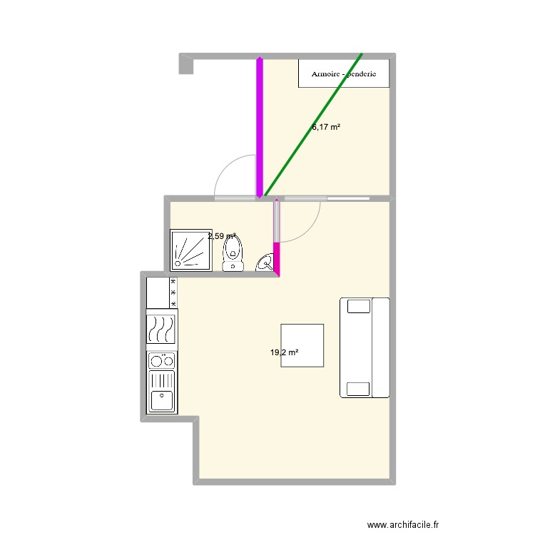 S/s 2. Plan de 3 pièces et 28 m2