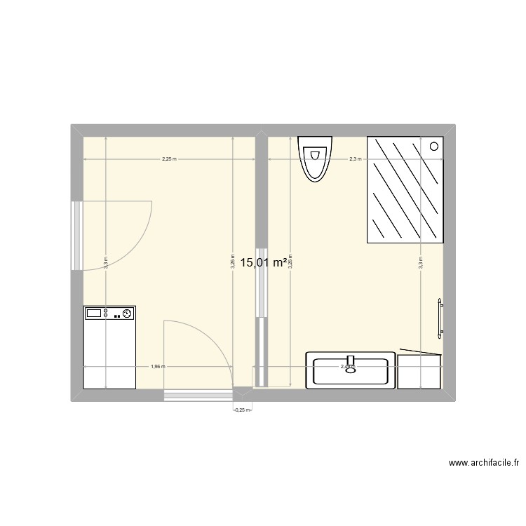 Irène LATINIER. Plan de 1 pièce et 15 m2