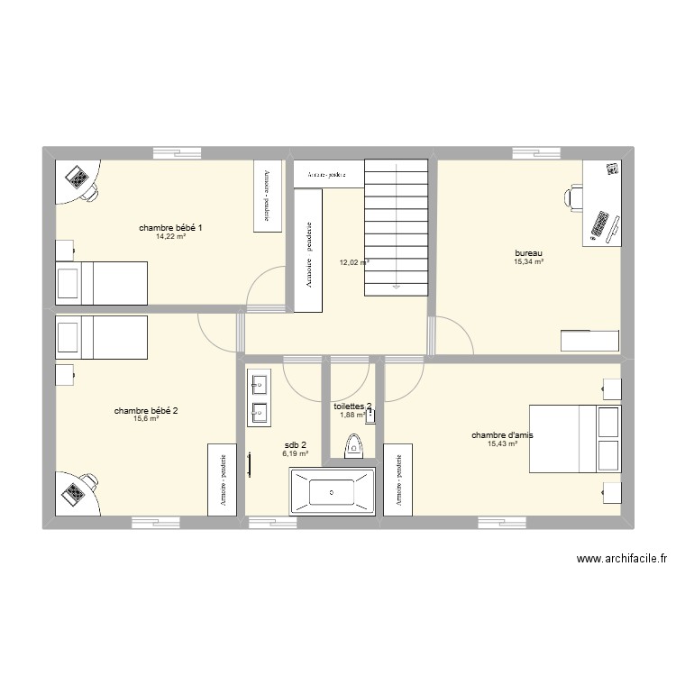 étage maison. Plan de 7 pièces et 81 m2