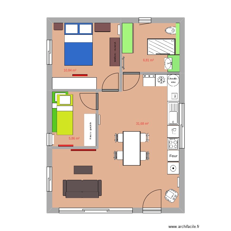 tout en long 2ch 55m2 inversé new fenetre. Plan de 4 pièces et 55 m2