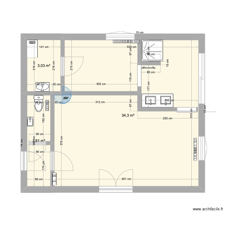 Extension. Plan de 3 pièces et 41 m2