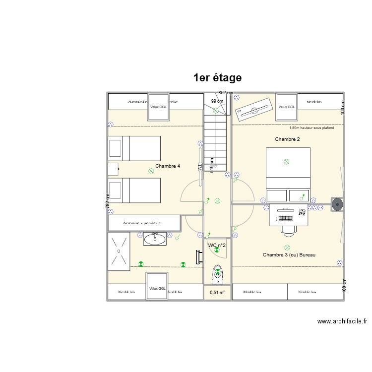 Maison Moëlan sur Mer 1er étage. Plan de 6 pièces et 62 m2