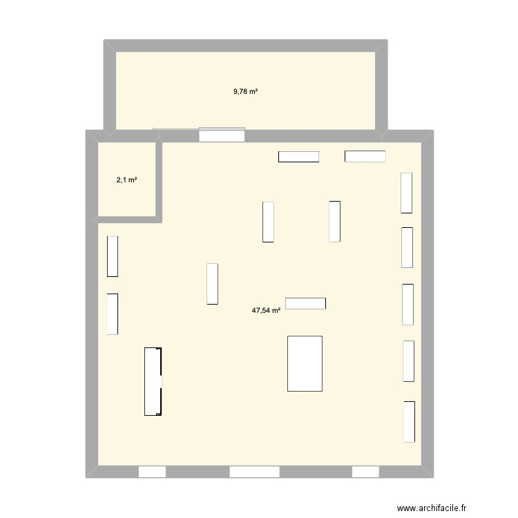 Implantation magasin. Plan de 3 pièces et 59 m2