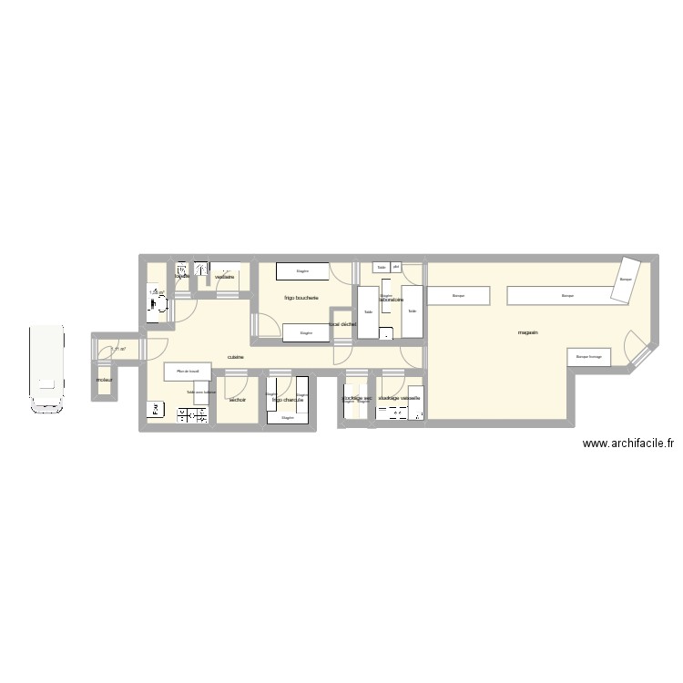 boucherie. Plan de 14 pièces et 84 m2