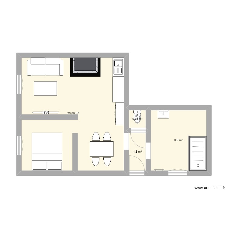 T1 étage. Plan de 4 pièces et 43 m2