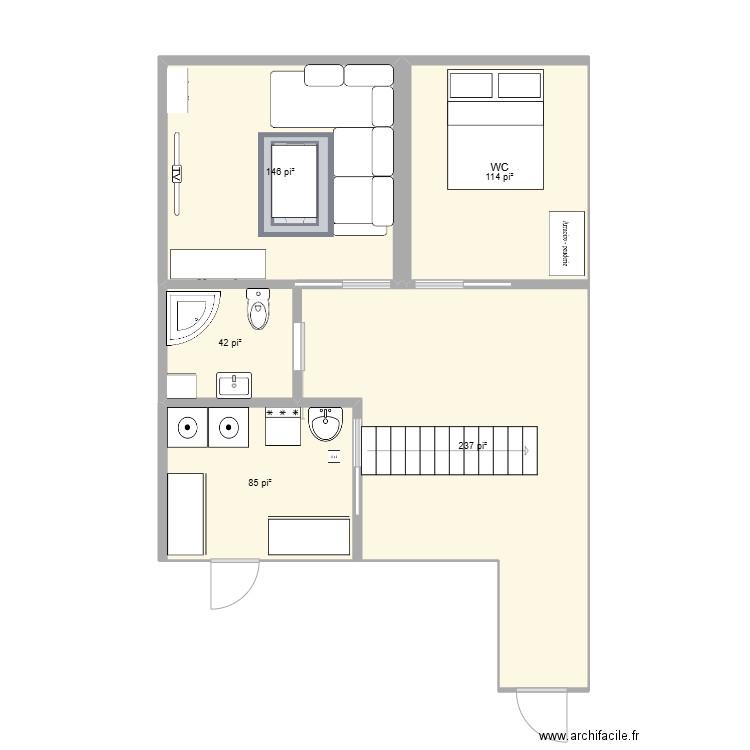 sous sol. Plan de 5 pièces et 58 m2