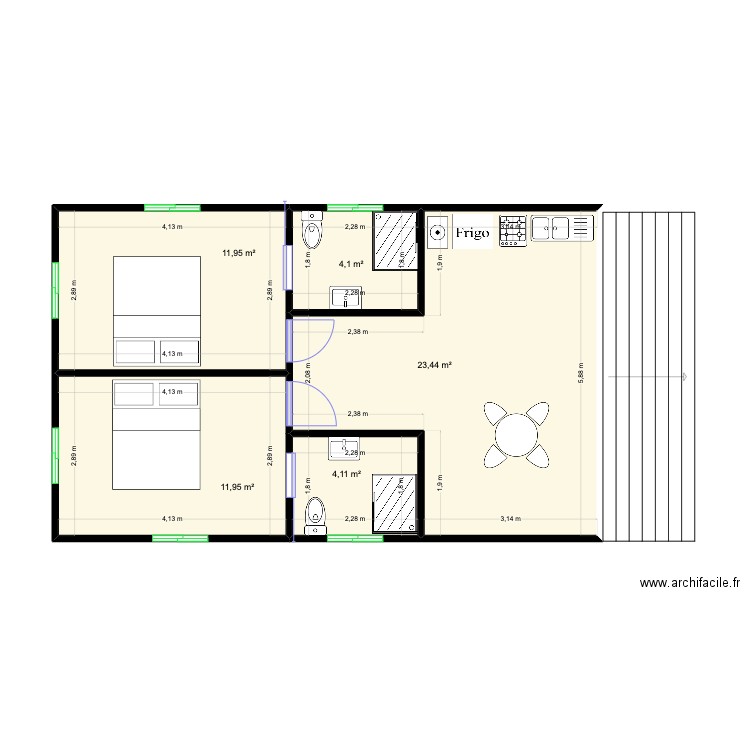 Faré Invités. Plan de 5 pièces et 56 m2