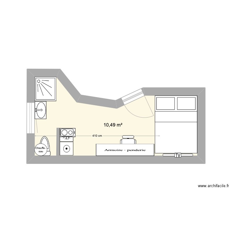 Chambre Etudiant. Plan de 1 pièce et 10 m2