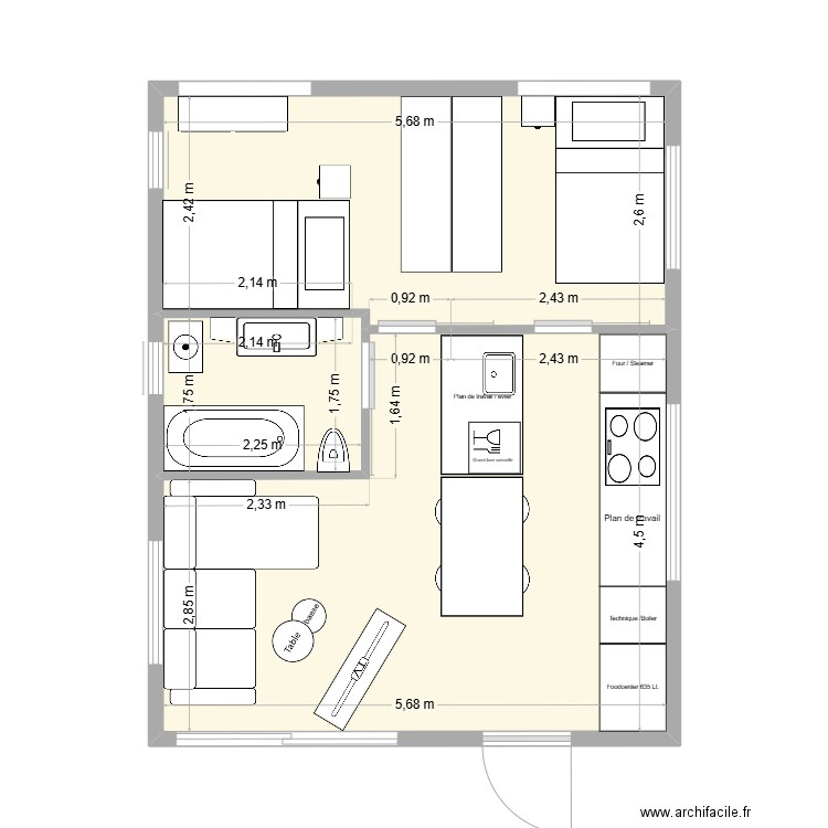 Lacet Flair_plan de base avec les aménagements et les meubles. Plan de 3 pièces et 40 m2