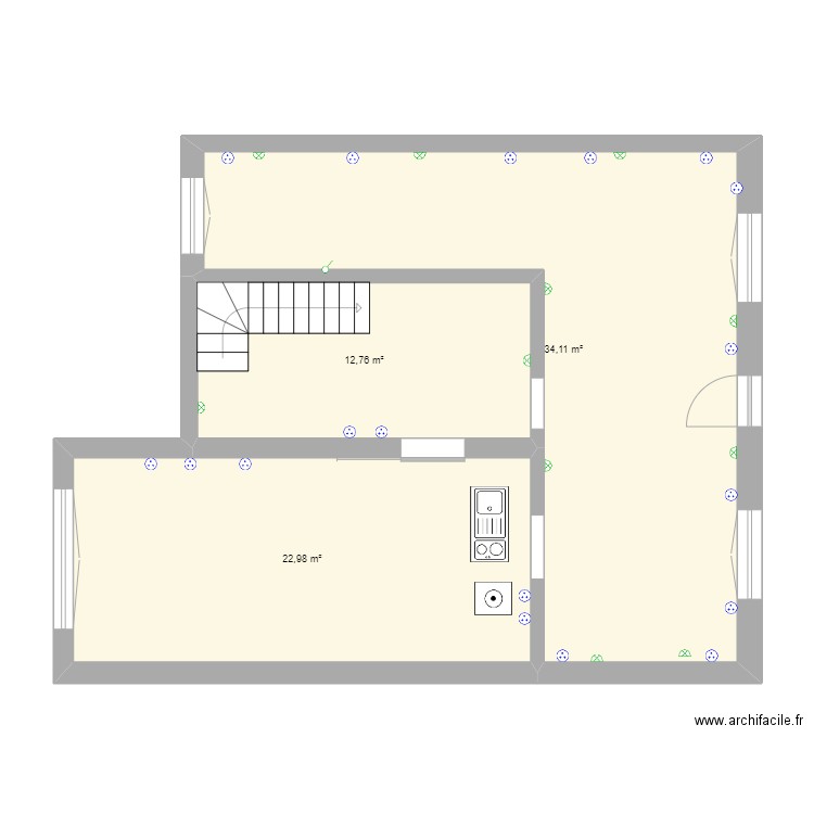 Sous sol Electricité eclairage . Plan de 3 pièces et 70 m2