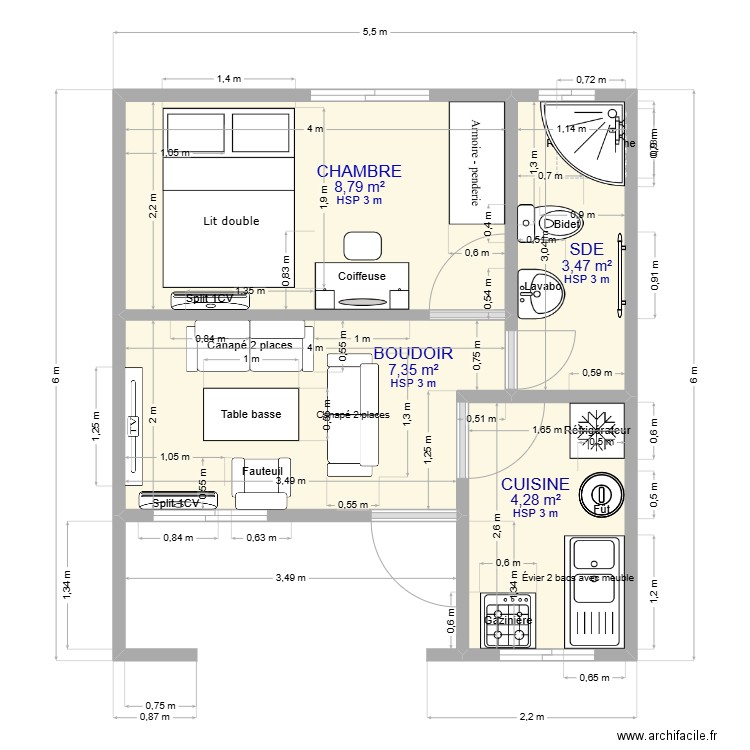 STUDIO MEUBLE MF. Plan de 4 pièces et 24 m2