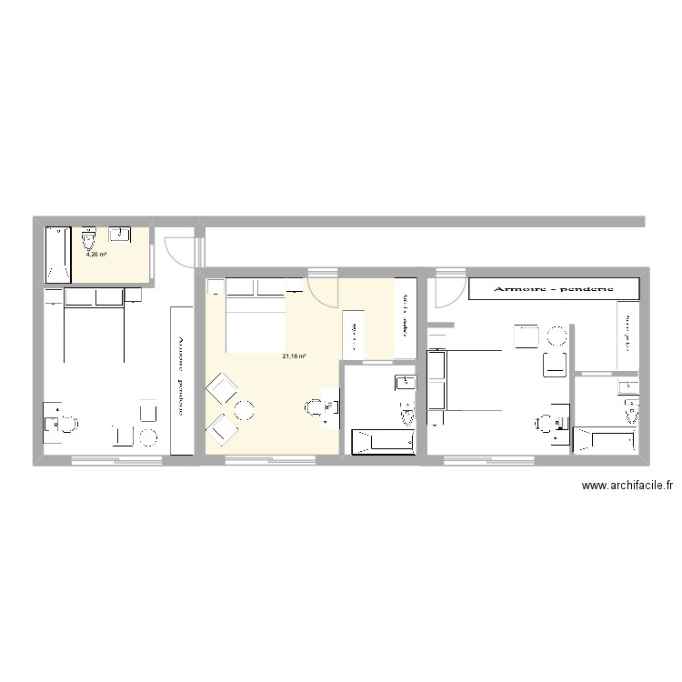 chambre 2. Plan de 2 pièces et 25 m2