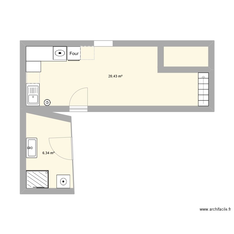 cuisine. Plan de 2 pièces et 27 m2