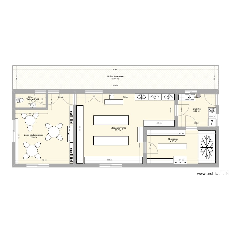 Boutique et accueil. Plan de 6 pièces et 116 m2