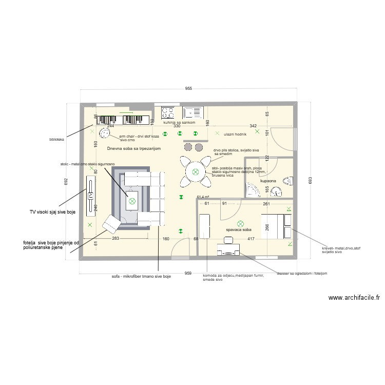 livingroom3. Plan de 1 pièce et 61 m2