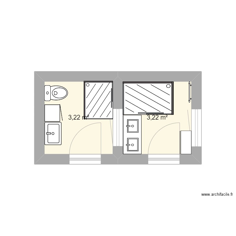 SdB. Plan de 2 pièces et 6 m2