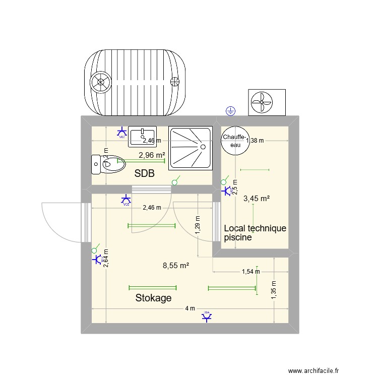 Modrie. Plan de 3 pièces et 15 m2