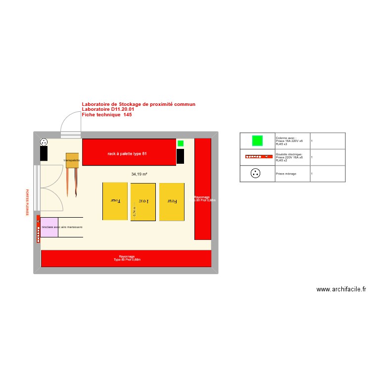 Fiche 145-laboratoire de stockage de proximité commun V2025-03-24. Plan de 1 pièce et 34 m2