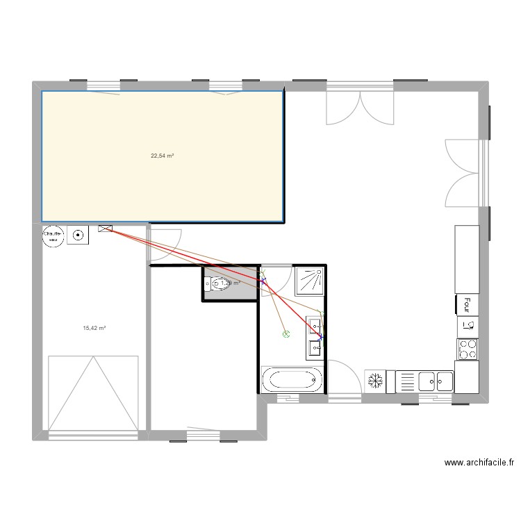 salle de bain. Plan de 3 pièces et 39 m2