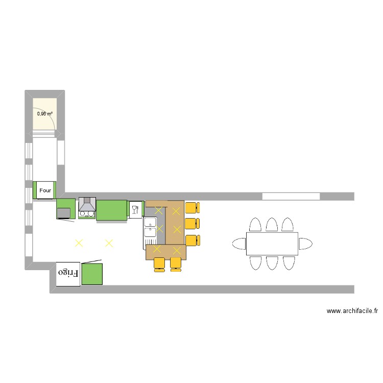 cuisine avec ilot evier. Plan de 1 pièce et 1 m2