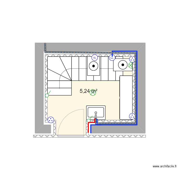 buanderie. Plan de 1 pièce et 5 m2