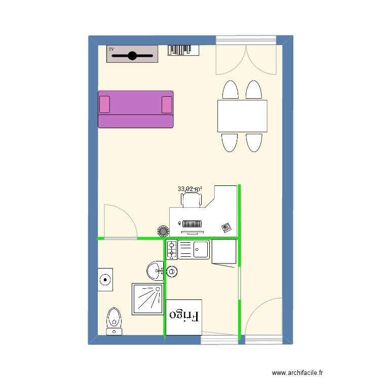 TPVC 1 Habitat Logement . Plan de 1 pièce et 33 m2