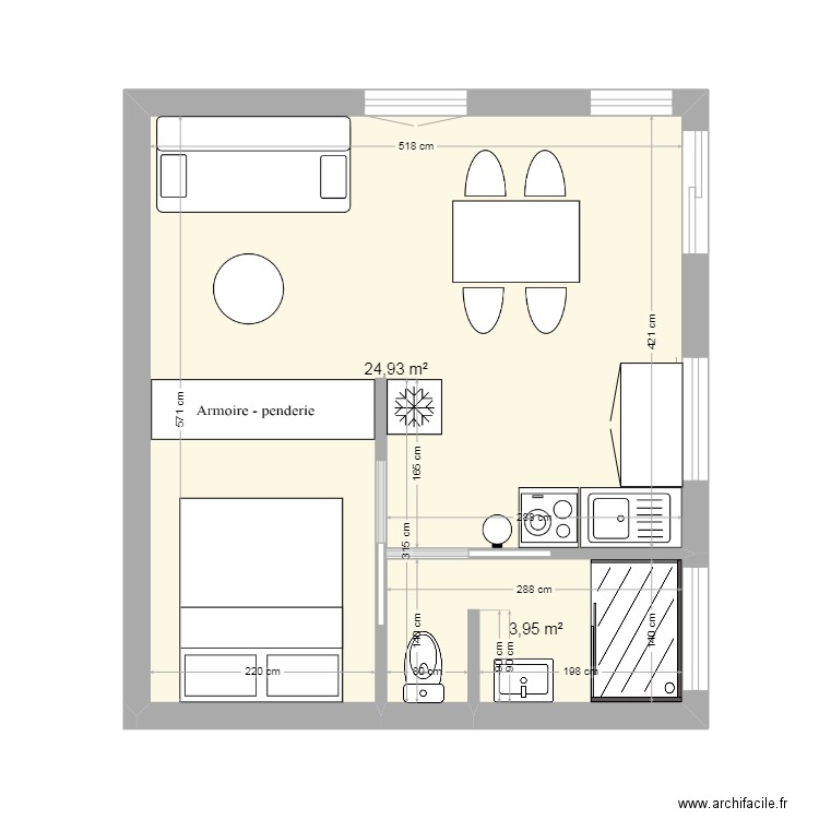 studio. Plan de 2 pièces et 29 m2