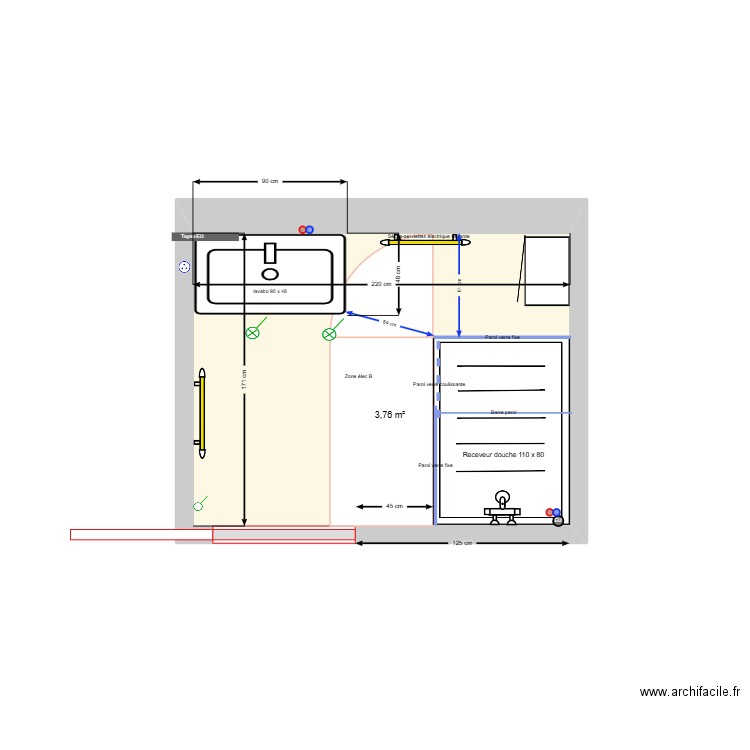 SDB Rossan_V110x80 à droite V3. Plan de 1 pièce et 4 m2