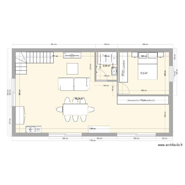 RDC. Plan de 3 pièces et 64 m2